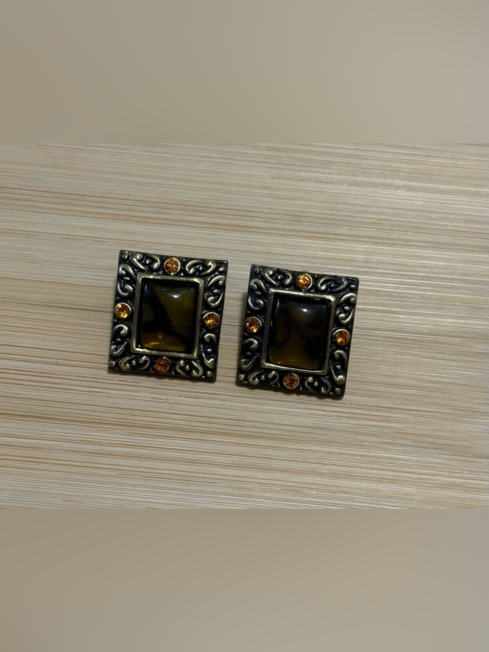 Antique-Inspired Square Stud Earrings with Amber Coloured Rhinestones